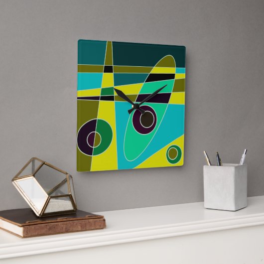Square Clock Abstract Surfred Yellow Blue Green Vierkante Klok (Kantoor)