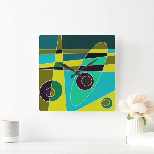 Square Clock Abstract Surfred Yellow Blue Green Vierkante Klok (Huis)