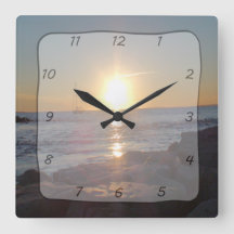 Square Clock with Ocean Sunset & Sailboat Photo