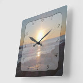 Square Clock with Ocean Sunset & Sailboat Photo Vierkante Klok (Hoek)
