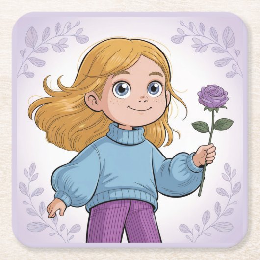 Square Comic Girl Lavender Onderzetter Set (Voorkant)