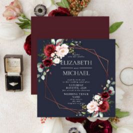 Square Copper Geometric Burgundy Blue Wedding Kaart