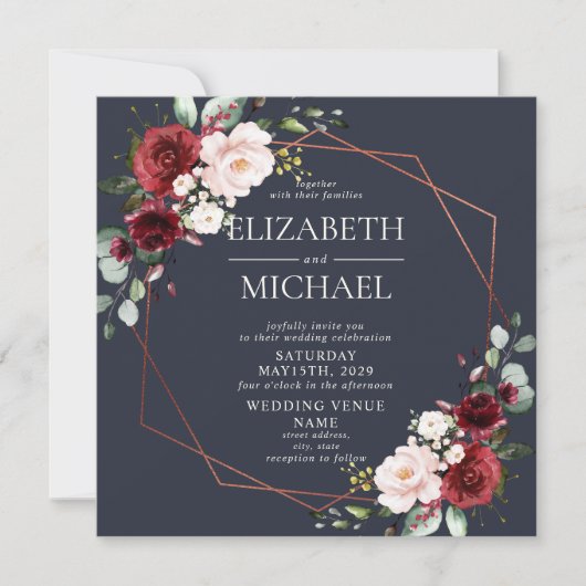 Square Copper Geometric Burgundy Blue Wedding Kaart (Voorkant)