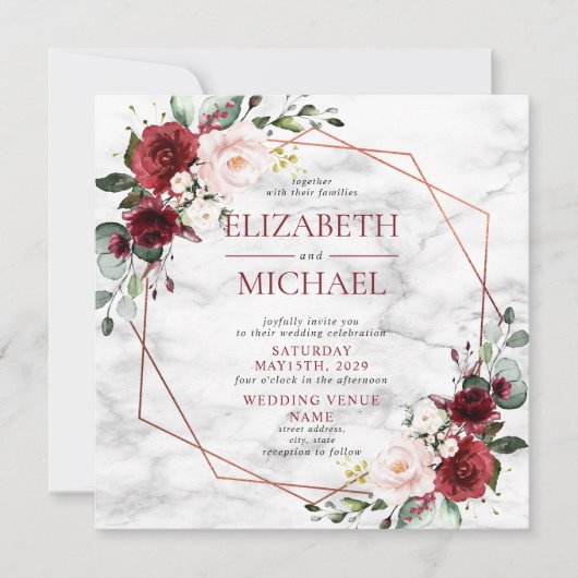 Square Copper Geometric Burgundy Marble Wedding Kaart (Voorkant)