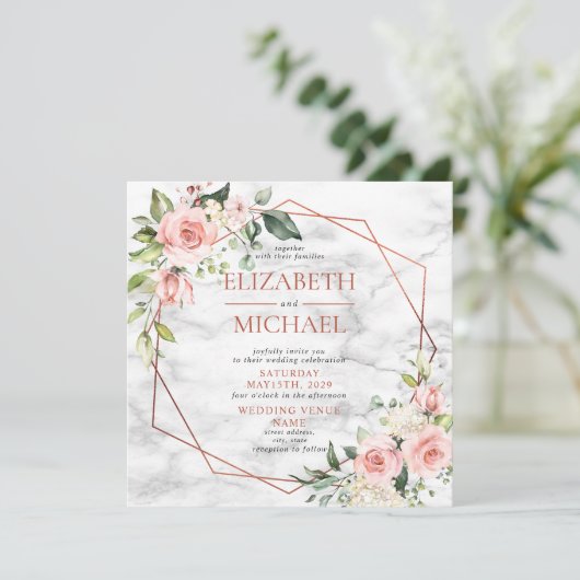 Square Copper Geometric Marble Pink Floral Wedding Kaart (Staand voorkant)