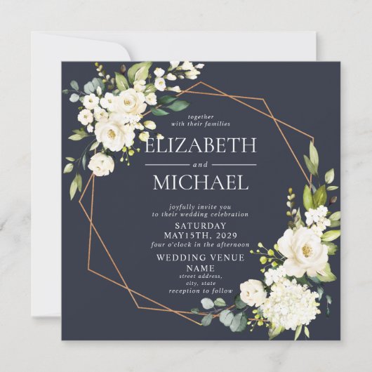 Square Copper Geometric Navy Blue Floral Foto Kaart (Voorkant)