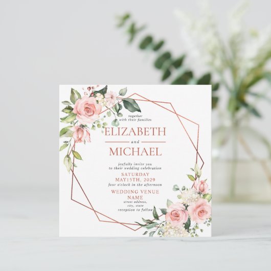Square Copper Geometric Peach Pink Floral Wedding Kaart (Staand voorkant)