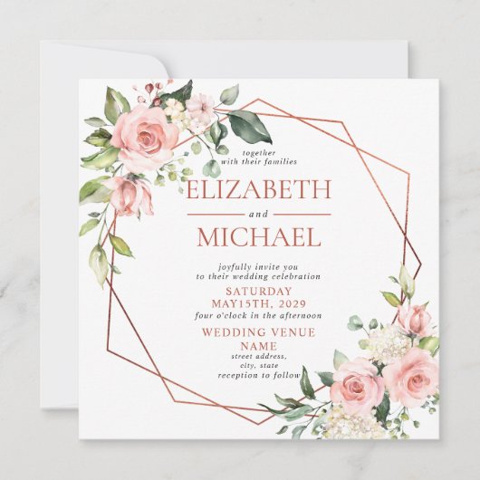 Square Copper Geometric Peach Pink Floral Wedding Kaart (Voorkant)