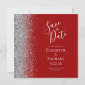 Square Crimson Red Silver Glitter Save the Date Aankondiging (Voorkant)
