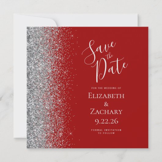 Square Crimson Red Silver Glitter Save the Date Aankondiging (Voorkant)