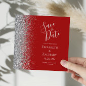 Square Crimson Red Silver Glitter Save the Date Aankondiging