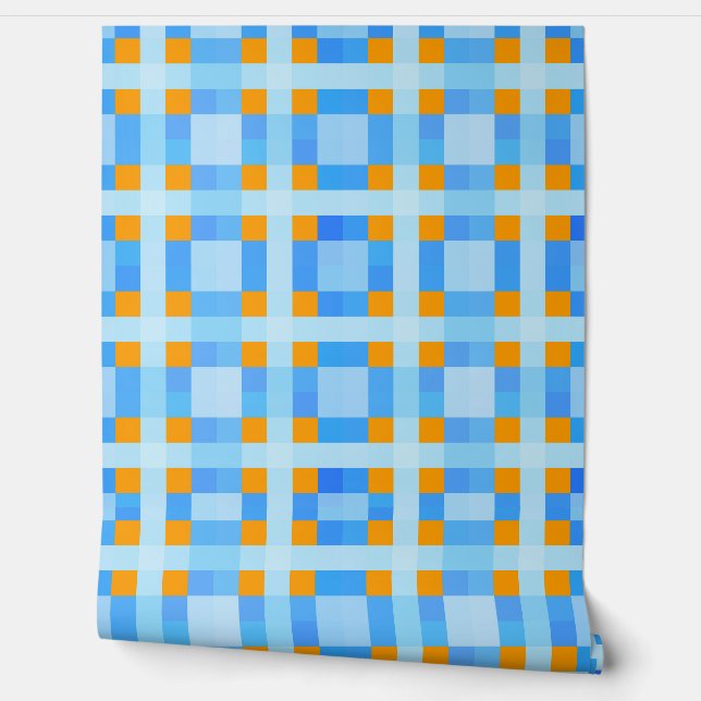 Square Crosses Check 10 Blue Oranje Behang (Afrollen)
