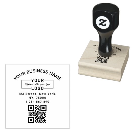 Square Custom Business Logo Qr Code & Address  Rubberstempel (Gestempeld)