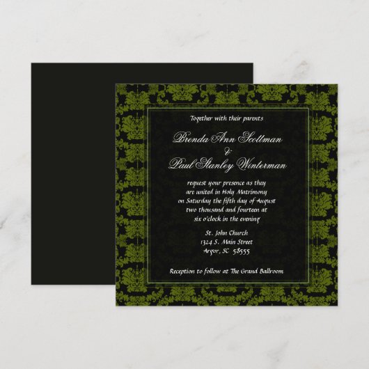 Square Damask Green Wedding Invitation Kaart (Voorkant / Achterkant)