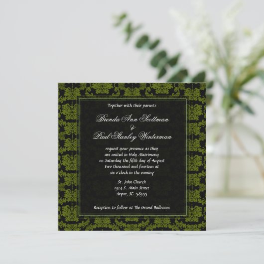 Square Damask Green Wedding Invitation Kaart (Staand voorkant)