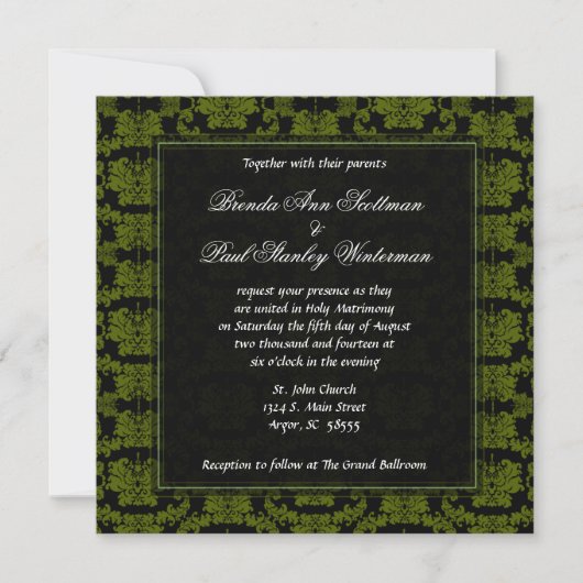 Square Damask Green Wedding Invitation Kaart (Voorkant)