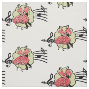 Square Dance Couple Red Check Dress Music Symbols Stof
