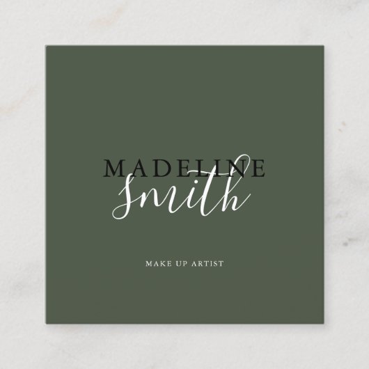 Square Dark Green Script QR code Vierkante Visitekaartje (Voorkant)