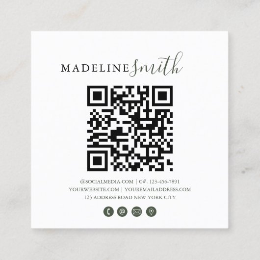 Square Dark Green Script QR code Vierkante Visitekaartje (Achterkant)