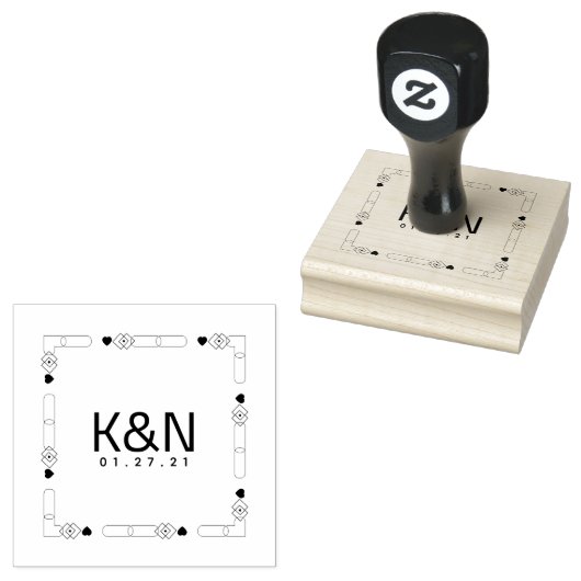 Square Deco Heart Mini Initiaal Logo Wedzegelstemp Rubberstempel (Gestempeld)
