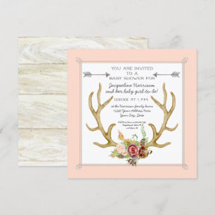 Square Deer Antler Blush Floral Baby Girl Shower Kaart