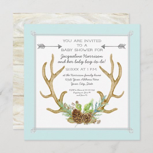 Square Deer Antler Pine Cone Ferns Baby Boy Shower Kaart (Voorkant / Achterkant)