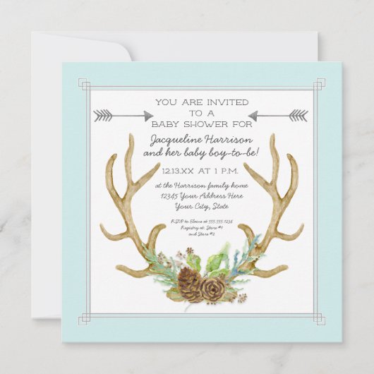 Square Deer Antler Pine Cone Ferns Baby Boy Shower Kaart (Voorkant)