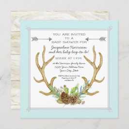 Square Deer Antler Pine Cone Ferns Baby Boy Shower Kaart