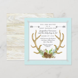 Square Deer Antler Pine Cone Ferns Baby Boy Shower Kaart