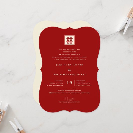 Square Double Happiness Classic Chinese Weddenscha Kaart (Voorkant / Achterkant in situ)
