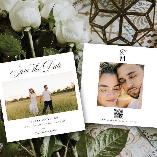 Square Elegant Script Monogram Save the Date Photo Aankondiging