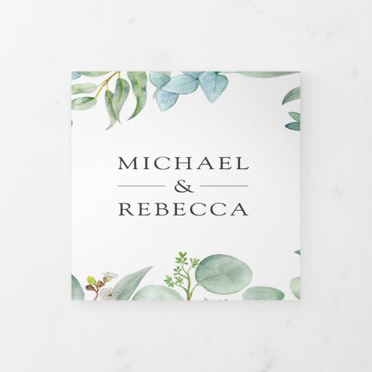 Square Eucalyptus Lijst QR Code Weddenschap Drieluik Uitnodiging (Cover)