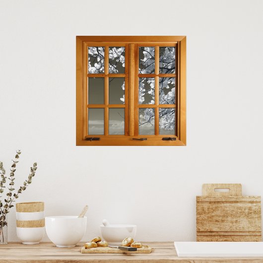 Square Faux-vensterverlichting - Witte bloesems Poster (Keuken)