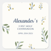Square Floral Gepersonaliseerde Eerste Communie Vierkante Sticker (Voorkant)