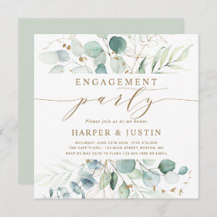 Square Gold and Green Botanical Engagement Party Kaart