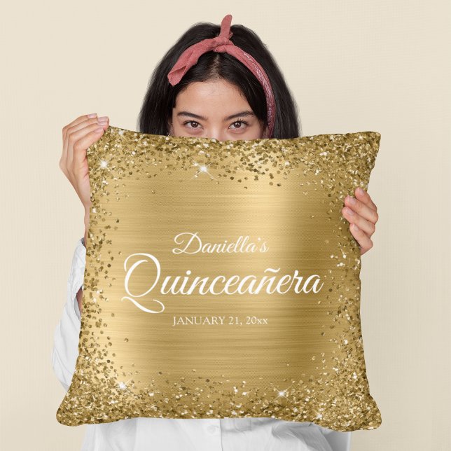 Square Gold Glitter Border and Folie Quinceañera Kussen (Birthday Gift for Your Daughter)