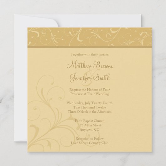 Square Golden Yellow Flourish Wedding Invitation Kaart (Voorkant)