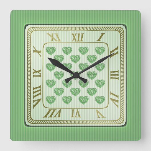 Square Green and White Tegel Hearts Pattern Vierkante Klok (Voorkant)