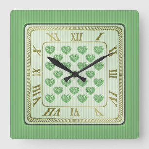 Square Green and White Tile Hearts Pattern Vierkante Klok
