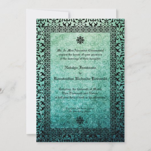 Square  Green Damask Gothic Wedding Invitati Kaart (Voorkant)