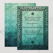 Square  Green Damask Gothic Wedding Invitati Kaart (Voorkant / Achterkant)