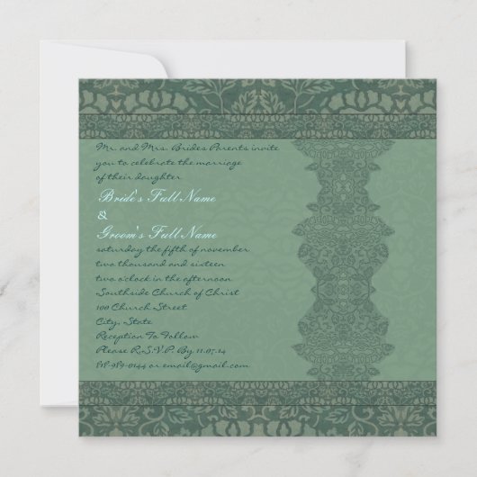 Square Green Damask Wedding Invitation Kaart (Voorkant)