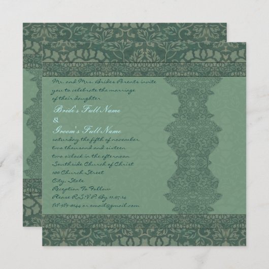 Square Green  Damask Wedding Invitation Kaart (Voorkant / Achterkant)