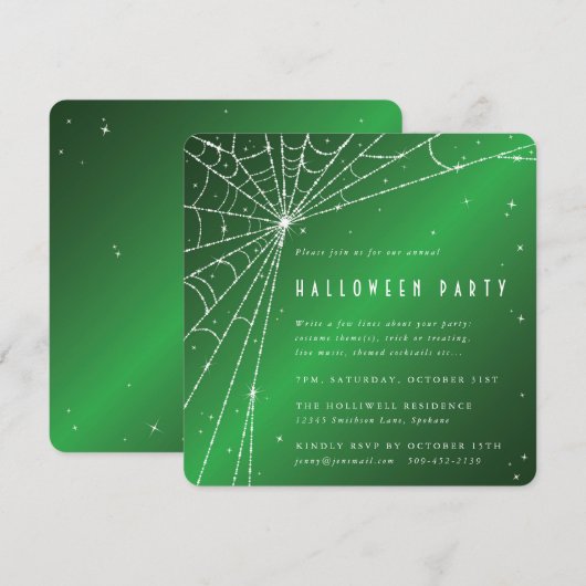 Square Green Sparging Spider Web Halloween Party Kaart (Voorkant / Achterkant)
