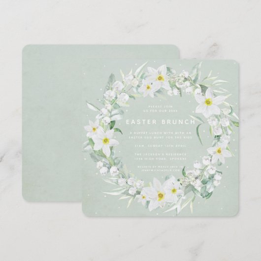 Square Green + White Floral Wreath Easter Brunch Kaart (Voorkant / Achterkant)