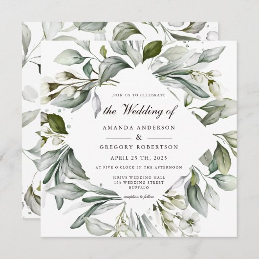 Square Greenery | Uitnodiging tot Waterverf bruilo (Voorkant / Achterkant)