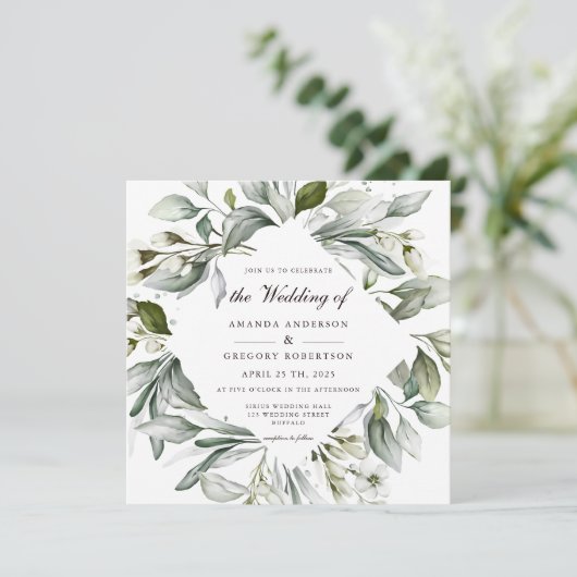 Square Greenery | Uitnodiging tot Waterverf bruilo (Staand voorkant)