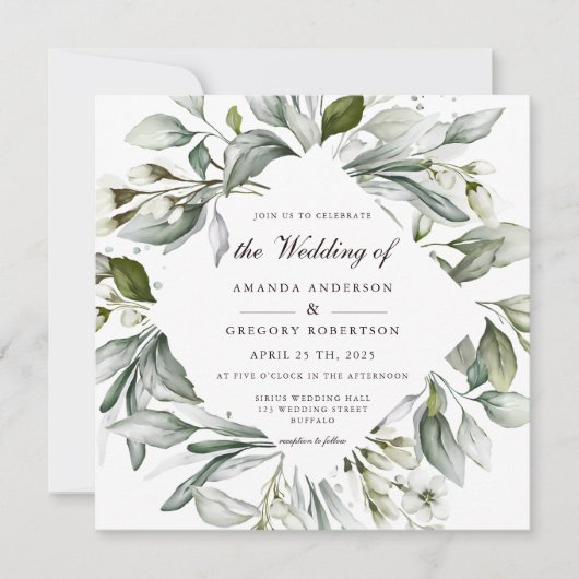 Square Greenery | Uitnodiging tot Waterverf bruilo (Voorkant)