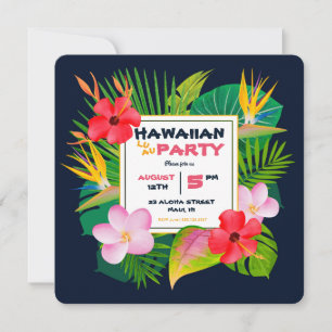 Square Hawaiian Luau Party Dark Blue Floral Invite Aankondiging