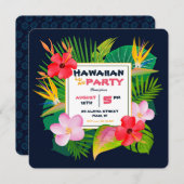 Square Hawaiian Luau Party Dark Blue Floral Invite Aankondiging (Voorkant / Achterkant)